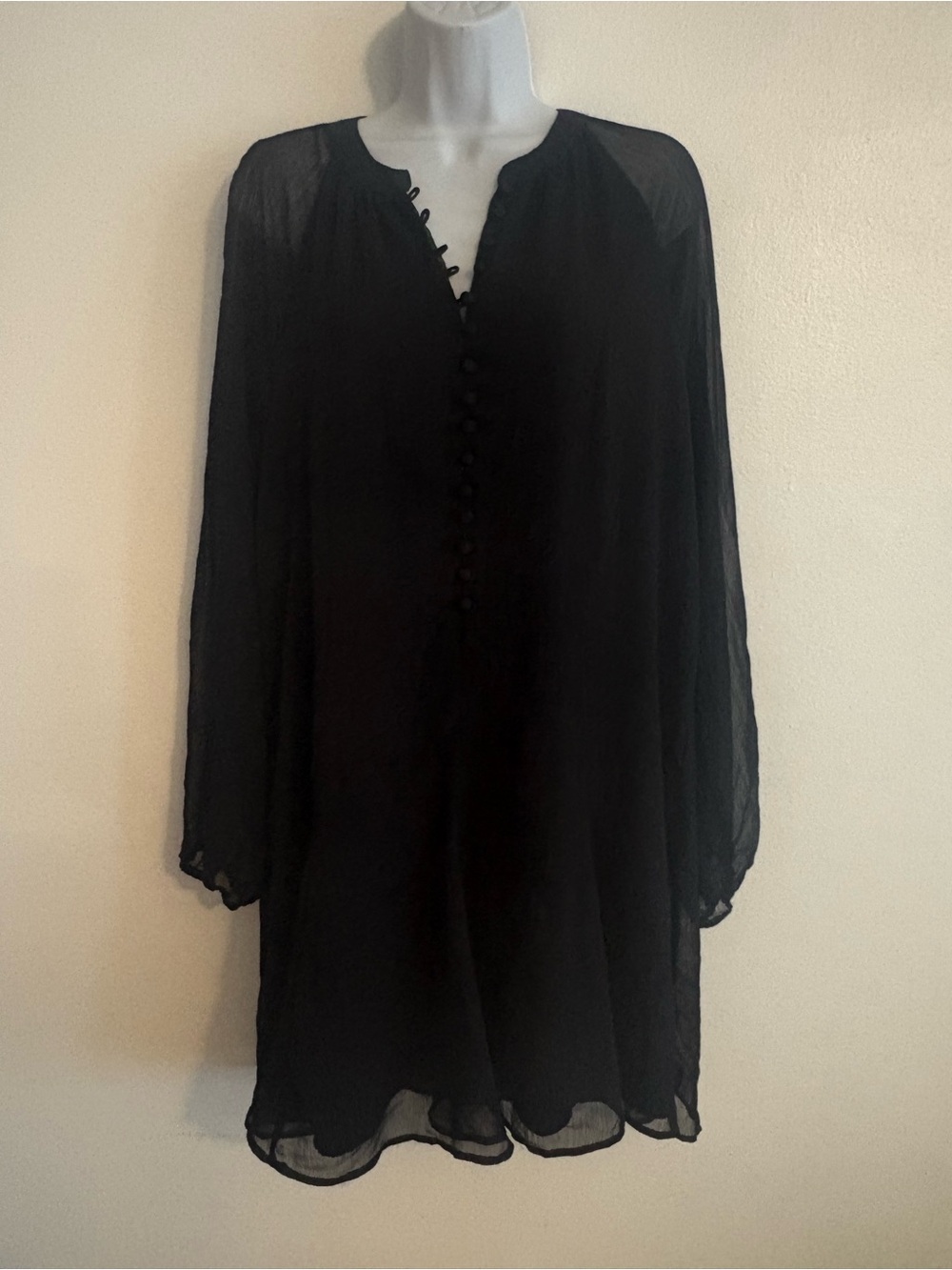 Beach cover up resort bohemian Black Sheer Long Sleeve Button Tunic Dress